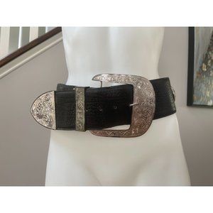 AL BERES Wide Black Leather & Sterling Silver Concho Western Belt - Small